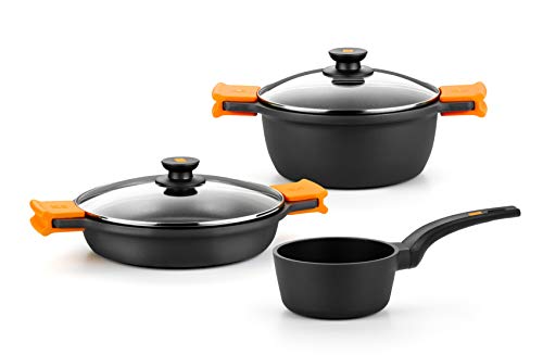 BRA Efficient - Batería 3 piezas, de aluminio fundido con antiadherente, apta para todo tipo de cocinas incluso inducción, Color Negro