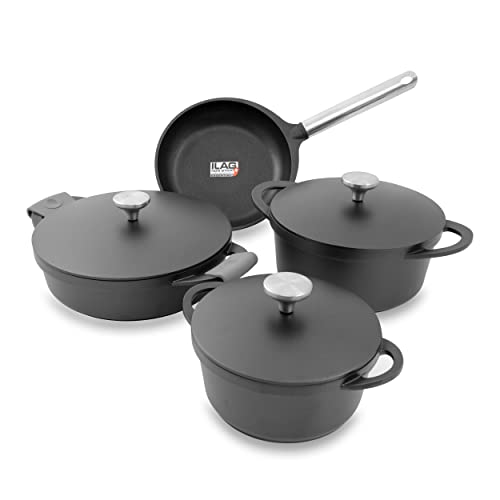 KOPF Juego de ollas Atavola de aluminio fundido de inducción con revestimiento antiadherente ILAG, apto para todo tipo de cocinas, 3 ollas con tapa, 1 sartén, incluye protector de silicona y 8 piezas