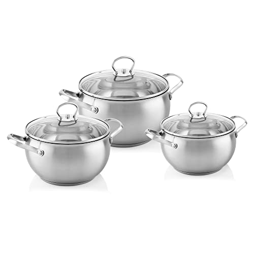 Florina Alex Batería de Cocina Acero Inoxidable, 6 Piezas, Inducción, 3 Cacerolas, 3 Tapas de Cristal, Apta Para Todo Tipo de Cocinas, Apta Lavavajillas