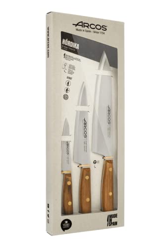 ARCOS Conjunto Cuchillos 3 piezas Acero Inoxidable Nitrum y Hoja mm, Cuchillo cocina profesional cocinar, 417, Mango ergonómico polioximetileno POM, Serie Nordika, Corte alta precisión, Color marrón