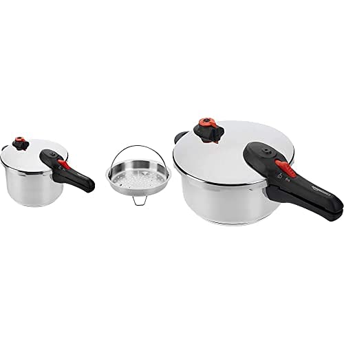 Amazon Basics Olla A Presión De Acero Inoxidable Con Vaporizador - 6 Litros + Olla A Presión De Acero Inoxidable - Apta Para Inducción - 4 Litros