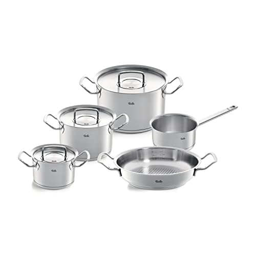 Fissler Original-Profi Collection Juego de ollas de acero inoxidable, 5 piezas, 3 ollas con tapa de metal, 1 sartén de servir, 1 cazo, inducción