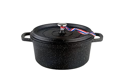 Kamberg Cazuela 24 cm redonda negra, aluminio fundid, revestimiento tipo piedra, todo tipo de fuentes de calor, incluida la inducción, sin PFOA
