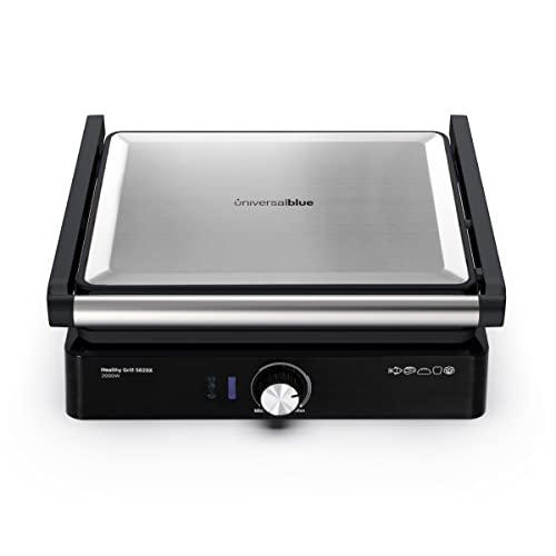 UNIVERSALBLUE Grill Acero inoxidable Eléctrico 2000W | Parrilla Eléctrica Apertura 180º | Regulador Temperatura