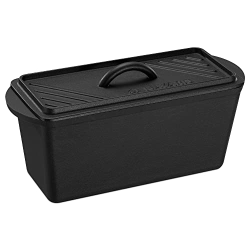Navaris Olla para hornear pan - Cacerola rectangular de hierro fundido para horno bbq vitrocerámica inducción - Cazuela con tapa - 34 x 13,5 x 17 cm