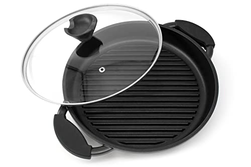 Joejis sarten plancha redonda de aluminio fundido con asas de silicona y tapa, sarten grill para parrilla compatible con inducción con base de acero adherido, sartén antiadherente de 27 cm