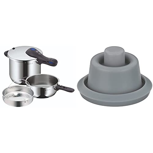 WMF Perfect Plus - Set con Olla Rápida 22 cm de diámetro de 6 litros y medio + cuerpo 3 litros con cestillo de vapor, Acero Inoxidable Pulido para inducción & Junta indicador cocción, silicona