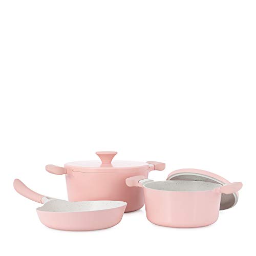 CREATE/UMA&NOA/Batería 3 piezas Rosa, de Aluminio Fundido, con Revestimiento Antiadherente, Asas de Baquelita, Sin PDFE y PFOA, para Todo Tipos de Cocinas, Estilo Cocotte, Apta para Inducción