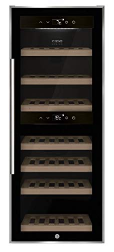 CASO WineComfort 38 - Nevera de vino para 38 botellas, 2 zonas ajustables a 5-20 °C, táctil, iluminación LED independiente, cristal UV, color negro