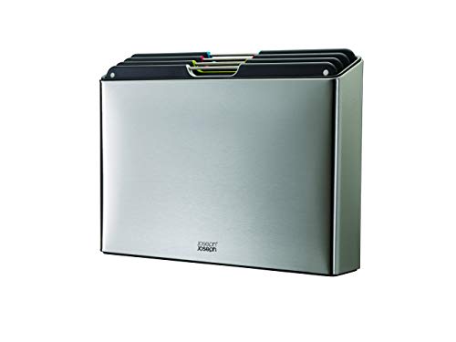 Joseph Joseph Folio Juego de 4 Tablas de Cortar con Código de Color, Estuche Delgado para Almacenaje Organizado en la Cocina, Grande, Acero Inoxidable