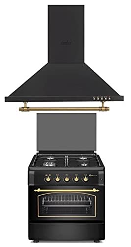 PACK AHORRO COCINA GAS F6S40G2 + CAMPANA HS60PR / ESTILO RUSTICO NEGRO CON RIBETES DORADOS/ANCHO 60 CM/FUEGOS CON ENCENDIDO AUTOMATICO/HORNO 60 L.