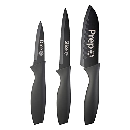MasterChef Cuchillos Cocina, Set Cuchillo de Chef por Verduras, Carne y Pelar, Acero Inoxidable, Hoja Afilada con Revestimiento Antirayaduras, con Asas Suaves al Tacto, 3 Piezas, Negro