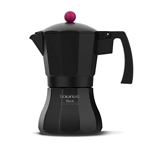 Taurus Black Moments 12 - Cafetera italiana, 12 tazas, base y filtro de acero inoxidable, mango ergonómico, válvula de seguridad, cierre de silicona para mayor seguridad, para todos los fuegos, negro
