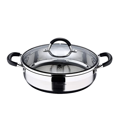MasterPro Foodies | Cacerola Baja de Cocina con Tapa de Cristal | Capacidad de 3.8 L | Fabricada en Acero Inoxidable | Muy Resistente y Fácil de Limpiar | Compatible con Todo Tipo de Cocinas