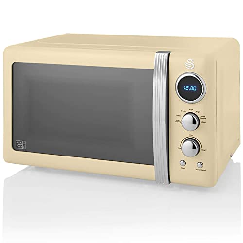 Swan Retro SM22030CNEU Microondas Digital 20L, 5 Niveles de Potencia, Función Descongelación, Temporizador 60 Minutos, Puerta Espejo, Plato Giratorio 27 cm, Diseño Vintage, Crema, 800W