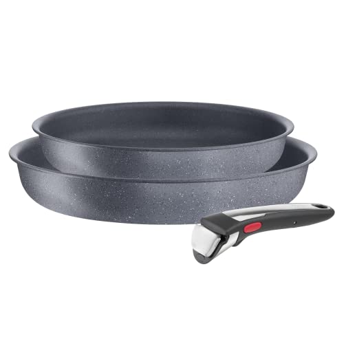 Tefal Ingenio Natural On - Juego 3 piezas: sartenes 24/28 cm + mango extraíble, diseño apilable, revestimiento antiadherente Mineralia+, apto nevera y horno, sin PFOA, apto todas las cocinas