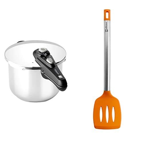 BRA RÁPIDA Vitesse Olla de 6 litros apta para todo tipo de cocinas incluida inducción, Acero Inoxidable, Plata, 22 cm + Efficient Espátula de Cocina, Acero INOX, Nailon y Silicona, Naranja, 36.5 cm