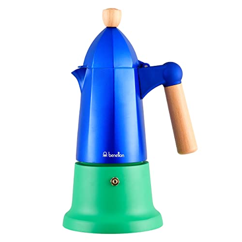 UNITED COLORS OF BENETTON Rainbow | Cafetera Italiana de 6 Tazas de Capacidad | Cafetera de Aluminio con Mango de Madera | Diseño Bicolor en Azul y Verde | Cafetera Manual | Fácil de Limpiar