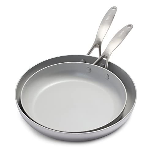 GreenPan Venice Pro Juego de Sartenes de 26cm y 30cm con triple capa de acero inoxidable y cerámica antiadherente, sin PFAS, multicapa, inducción, aptas para lavavajillas y horno, plateadas