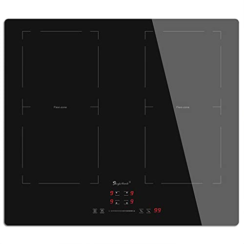 Placa inducción 4 Fuegos, Placa de inducción 60 cm con Zona flexible función para Barbacoa, Protección de apagado automático, Temporizador,Bloqueo para niños,Control tactil,7200W Negro brillante