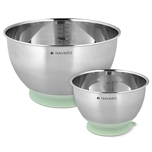 Navaris Set de 2x cuenco de acero inoxidable - Juego de boles de cocina - Cuencos de 2 tamaños con 2x base de silicona antideslizante - Ensaladera