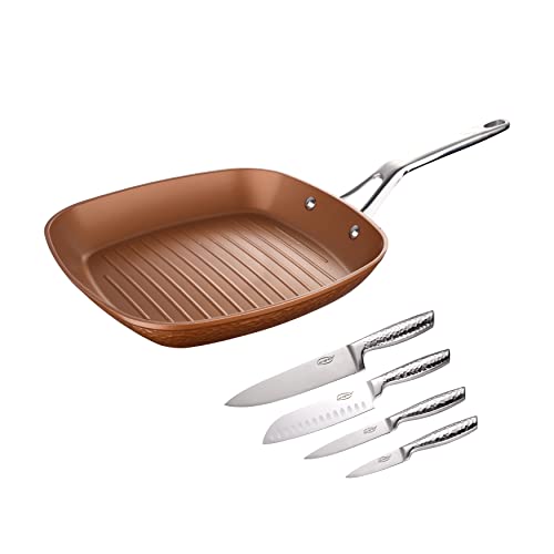 SAN IGNACIO Origen | Sartén Antiadherente | Set de 5 Piezas con Sartén Grill de 28 cm y 4 cuchillos de Acero Inoxidable | Aluminio Forjado | Juego de Sartenes y Cuchillos | Todo Tipo de Cocinas