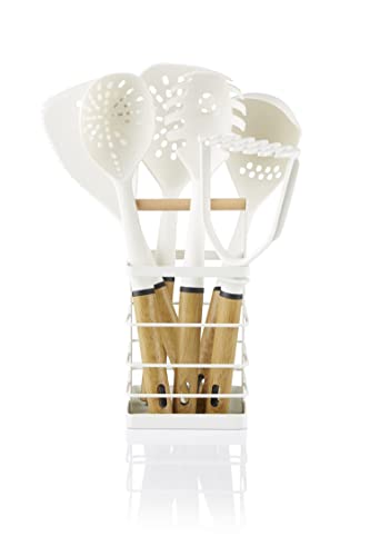 Swan Nordic Utensilios Cocina de Nylon 6 Piezas, Cesto + Juego de Utensilios Antiadherentes con Mango Efecto Madera, Libre de BPA, Espátula, Cucharón, etc Resistentes al Calor, Blanco