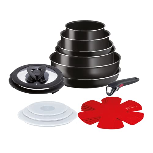 Lagostina Ingenio Essential Plus Batería de Ollas, Aluminio para Gas y Horno, 17 unidades, 2 cacerolas profundas, 2 sartenes, cacerola, wok, 5 tapas, 5 protectores para sartén y mango extraíble