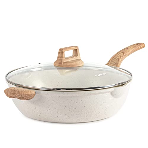 CAROTE Sartenes Antiadherentes 32cm con Tapa, Sartén Wok Induccion Piedra Aluminio Fundido, Mango Robusto, Apta Para Todo Tipo de Cocina