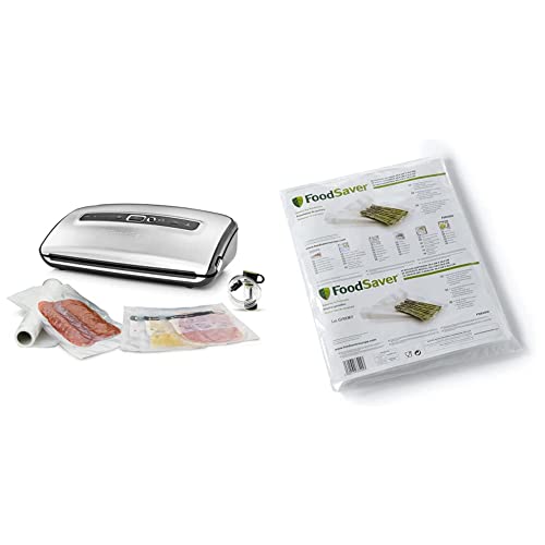 FoodSaver FFS016X Envasadoras al vacío con cutter incorporado + Bolsas FoodSaver de envasado al vacío reutilizables precortadas | 32 bolsas de envasado al vacío precortadas (3,78 L)