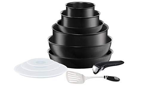 Tefal Ingenio Expertise - Juego de 3 Sartenes y 3 Cazos + Accesorios: Sarten 22/26cm, Wok 24cm, Cazo 16/18/20cm, Guisera 24cm, 3 tapas plástico, espátula, mango extraíble, antiadherentes
