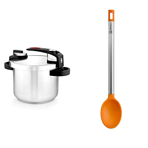 BRA Tekna - Olla a presión rápida 6 litros, acero Inoxidable, apta para todo tipo de cocinas, incluido inducción, gris & Efficient Cuchara de Cocina, Acero INOX, Nailon y Silicona, Naranja, 35 cm