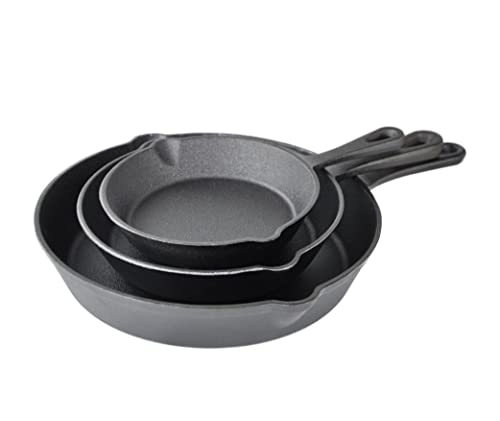 Airel Juego de 3 Piezas Sartén de Hierro | Sartén Redonda Hierro Fundido | Sartén Redonda | Sartenes Resistentes | Sartenes | MEDIDAS: 24,5 cm 19,5 cm y 13,5 cm