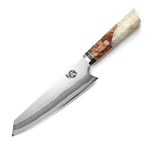 MITSUMOTO SAKARI 21 cm Cuchillos Cocina Kiritsuke, Cuchillos Cocina Profesional de 440C Damasco de 7 Capas, Cuchillos Japoneses Forjado a Mano Cuchillo Sushi (Mango de Granada Blanca y Caja de Regalo)