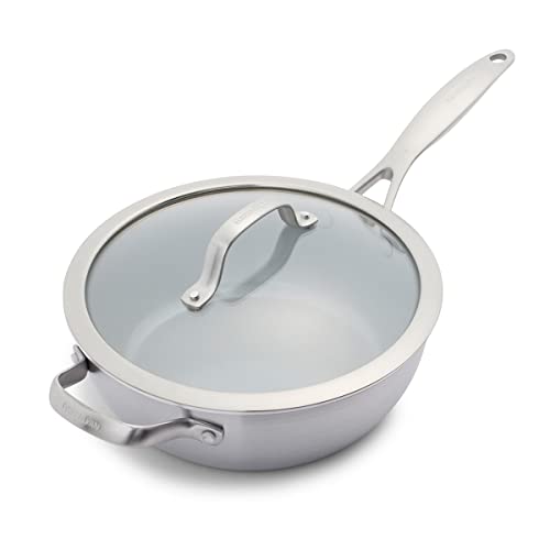 GreenPan Venice Pro Sartén Cerámica Antiadherente de 24cm/3.4 Litros con Asa y Tapa, Sin PFAS, Multicapa, Inducción, Apta para Lavavajillas, Apta para Horno, Plata