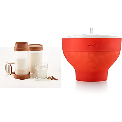 Lékué 8420460013099 Recipiente para elaborar bebidas vegetales caseras, 1000 milliliters, Plástico, Marrón + Recipiente para cocinar Palomitas, Rojo, 20 cm
