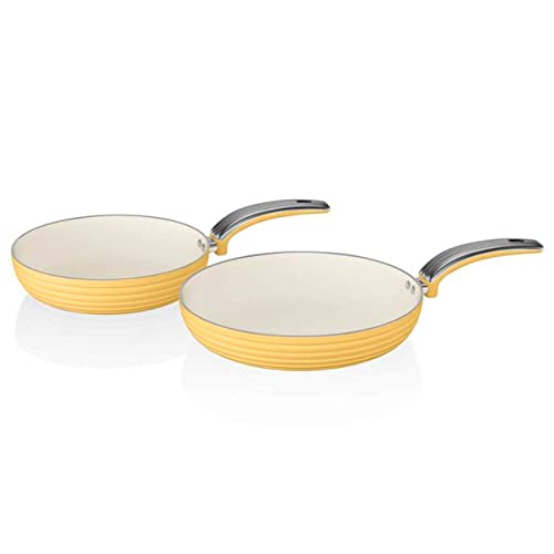 Swan SWPS2010YELN Retro Set Juego 2 Sartenes 20-28cm 3mm, Inducción, Antiadherente Cerámica Marfil Libre PFOA y PTFE, Apta para Todas Las Cocinas, Diseño Vintage, Amarillo, Aluminio Prensado