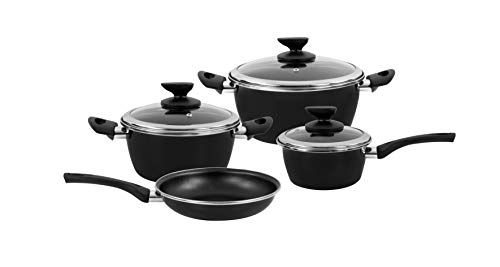 Magefesa Esp-Fit - Batería de Cocina 7 piezas. Material acero vitrificado exterior negro. Antiadherente bicapa Reforzado. Apta para todo tipo de cocinas, especial inducción. 50% de ahorro energético.