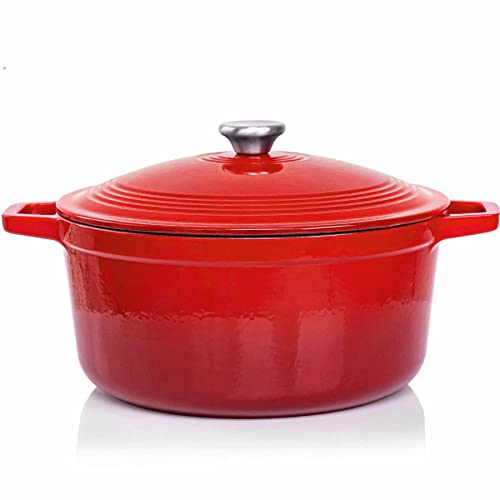 Cazuela de hierro fundido rojo 6 litros - Olla de hierro fundido compatible con inducción y todas las fuentes de calor. Guiso versátil - caldero diámetro 28cm