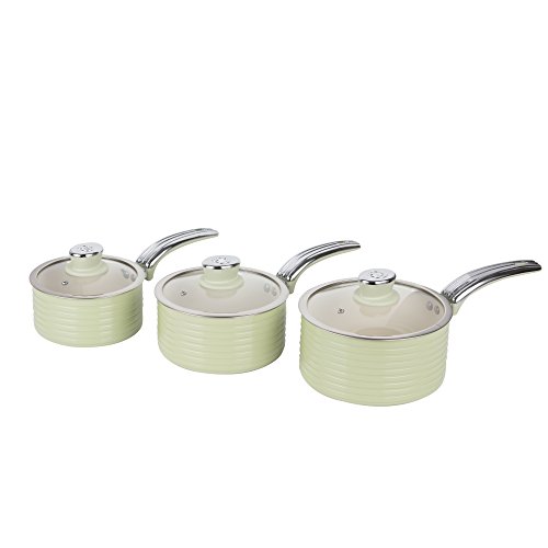 Swan SWPS3020GN Set de 3 Cazuelas con Tapa de Cristal, Antiadherente, 16/18/20 Cm, Cerámica, Inducción, Verde, Metal