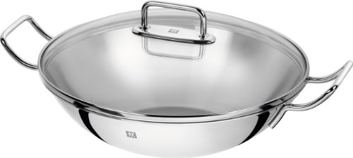 ZWILLING 40992-332-0 Wok, con tapa de cristal e inserto de rejilla extraíble, apto para inducción, 32 cm de diámetro, acero inoxidable, Plus, plateado