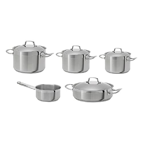 Teka - Batería de Cocina, de 9 Piezas de Acero Inoxidable Apto para Todo Tipo de Placas, Base de 3 Capas de 0,63 cm de Espesor, Cazuelas, Cazo y Tapas de Distintas Capacidades, Color Acero Inoxidable