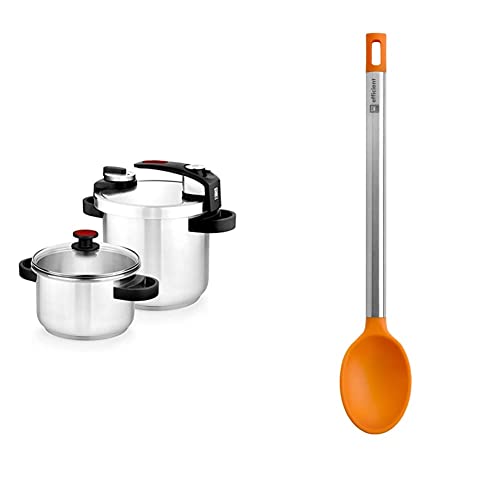 BRA Tekna Set de Ollas a Presión Rápida, Acero Inoxidable, Gris, 24 cm, 7+4 litros & Efficient Cuchara de Cocina, Acero INOX, Nailon y Silicona, Naranja, 35 cm