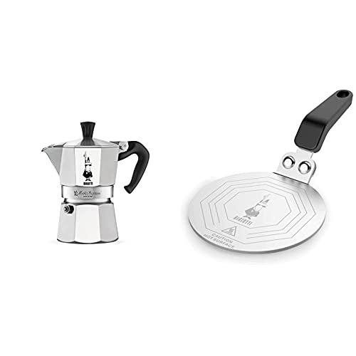 Bialetti Moka Express Cafetera Italiana Espresso, 1 Tazas, Aluminio + DCDESIGN08 Difusores de calor, adaptador para el utilizo de cafeteras y baterías de cocina sobre placas de inducción, Metal