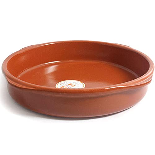 Cazuela redonda de barro, con diámetro exterior 42,3 cm (asas incluidas), diámetro interior 36,6 cm, plato barro refrectario con asas apto para vitro y horno, modelo aleatorio