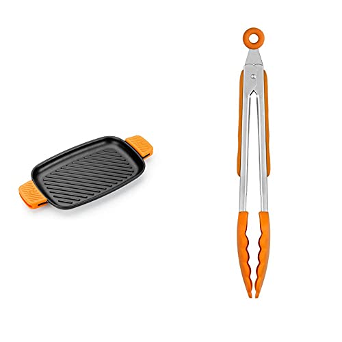 BRA Efficient Iron Parrilla Rectangular Con Rayas, 35 Cm + Efficient Pinza De Cocina, Acero Inox, Nailon Y Silicona, Naranja, 28.5 Cm