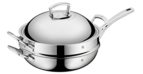WMF Asia Sartén Wok con Tapa e Interiores de cocción al Vapor, Acero Inoxidable Pulido, 32 cm