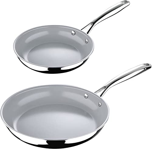 MasterPro Argent3 - Juego de 2 sartenes antiadherentes de acero inoxidable (20 cm/26 cm), juego de utensilios de cocina duraderos con mango remachado Staycool, sin PFOA, apto para todas las estufas