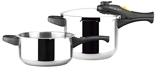 MAGEFESA ® Style Trio olla a presión súper rápida de 3 + 6 litros, fácil uso, acero inoxidable 18/10, apta para todo tipo de cocinas, inducción, 5 sistemas de seguridad, fondo termo difusor, express