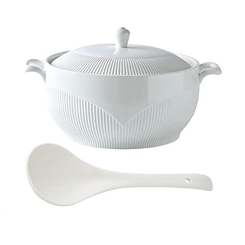 Sopera Blanca Con 2 Asas, Soperas Cuencos Con Tapa Cuchara Cerámica Porcelana Microondas Cocina Estilo Japonés,Blanco,1500ml
